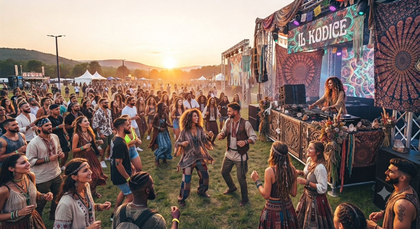 La tribù del KODICE in cerchio, ballo estatico al tramonto — la festa della domenica, le ali davanti a tutti.